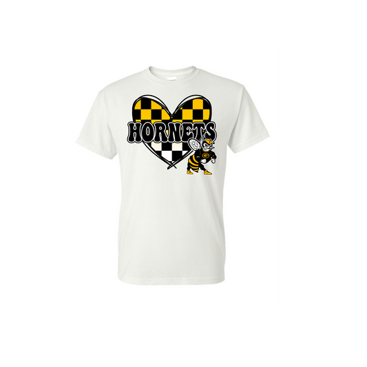 Gatesville Hornets White Tee - Checkered Heart with Hornet
